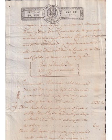 1821-PS-7 ESPAÑA SPAIN REVENUE SEALLED PAPER PAPEL SELLADO 1821 SELLO 4to.