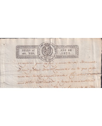 1821-PS-7 ESPAÑA SPAIN REVENUE SEALLED PAPER PAPEL SELLADO 1821 SELLO 4to.