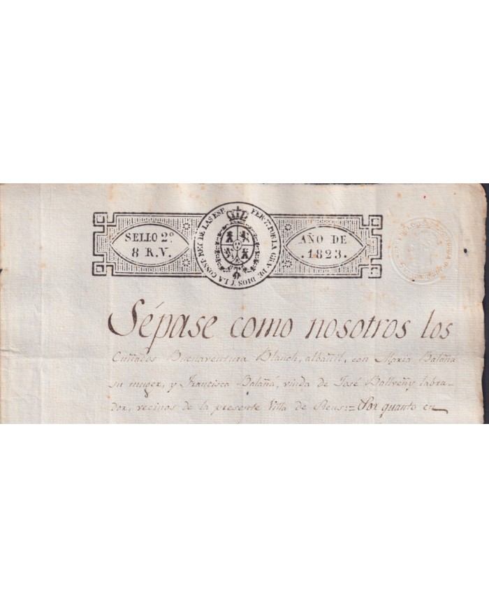 1823-PS-12 ESPAÑA SPAIN REVENUE SEALLED PAPER PAPEL SELLADO 1823 SELLO 2do.