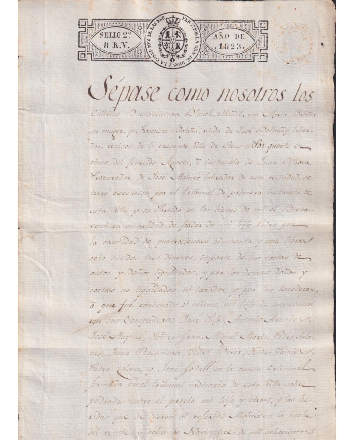 1823-PS-12 ESPAÑA SPAIN REVENUE SEALLED PAPER PAPEL SELLADO 1823 SELLO 2do.
