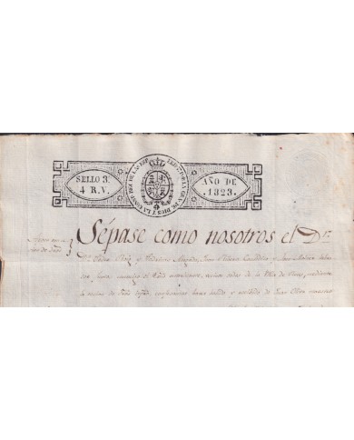 1823-PS-13 ESPAÑA SPAIN REVENUE SEALLED PAPER PAPEL SELLADO 1821 SELLO 3ro.