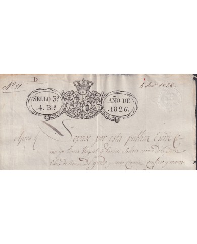 1826-PS-73 ESPAÑA SPAIN REVENUE SEALLED PAPER PAPEL SELLADO 1826 SELLO 3ro.