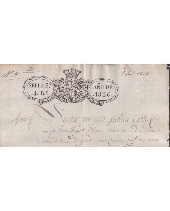 1826-PS-73 ESPAÑA SPAIN REVENUE SEALLED PAPER PAPEL SELLADO 1826 SELLO 3ro.