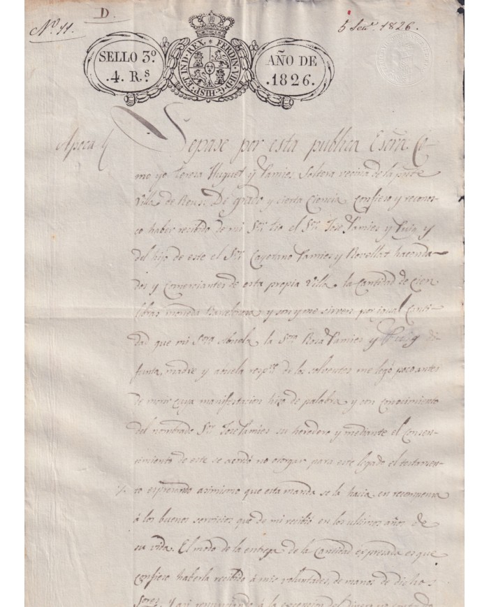 1826-PS-73 ESPAÑA SPAIN REVENUE SEALLED PAPER PAPEL SELLADO 1826 SELLO 3ro.