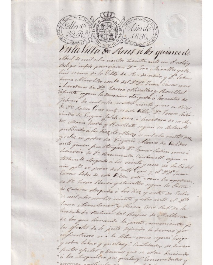 1830-PS-92 ESPAÑA SPAIN REVENUE SEALLED PAPER PAPEL SELLADO 1830 SELLO 1ro.