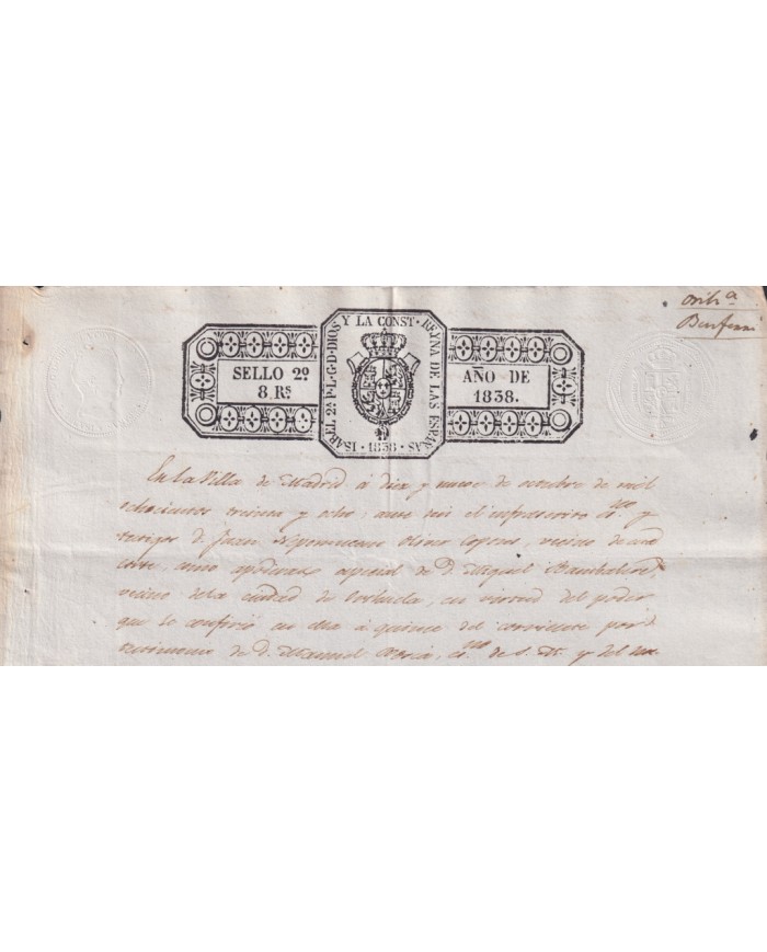 1838-PS-22 ESPAÑA SPAIN REVENUE SEALLED PAPER PAPEL SELLADO 1838 SELLO 2do.