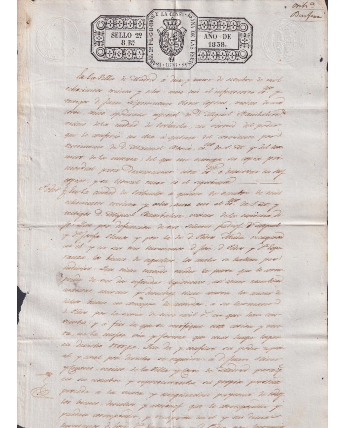 1838-PS-22 ESPAÑA SPAIN REVENUE SEALLED PAPER PAPEL SELLADO 1838 SELLO 2do.