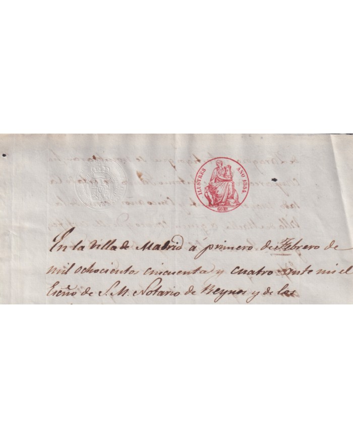 1854-PS-93 ESPAÑA SPAIN REVENUE SEALLED PAPER PAPEL SELLADO 1854 SELLO ILUSTRES.