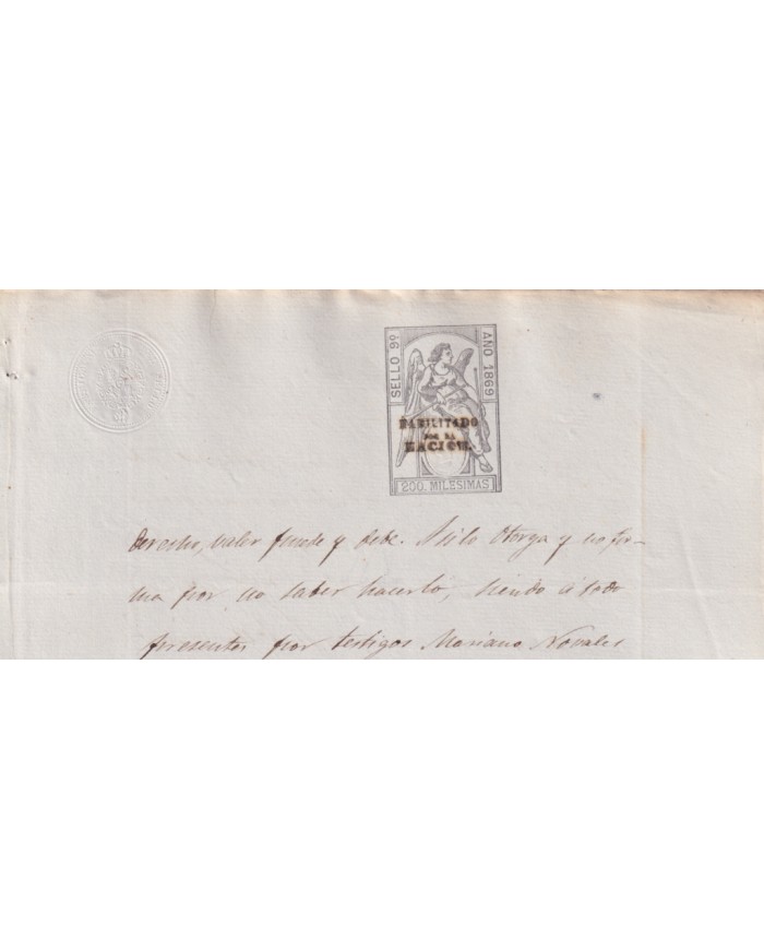 1869-PS-83 ESPAÑA SPAIN REVENUE SEALLED PAPER HABILITADO POR LA NACION 1869 9no.