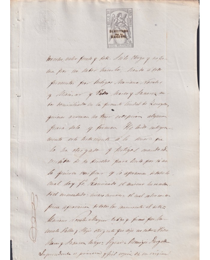1869-PS-83 ESPAÑA SPAIN REVENUE SEALLED PAPER HABILITADO POR LA NACION 1869 9no.