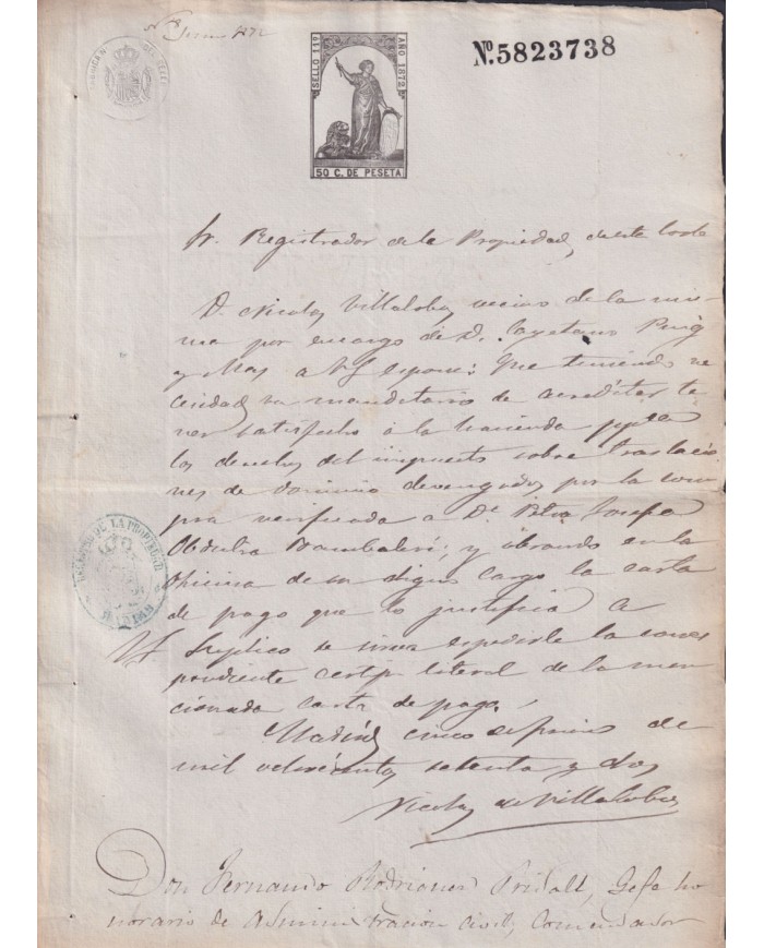 1872-PS-27 ESPAÑA SPAIN REVENUE SEALLED PAPER PAPEL SELLADO 1872 SELLO 11no.