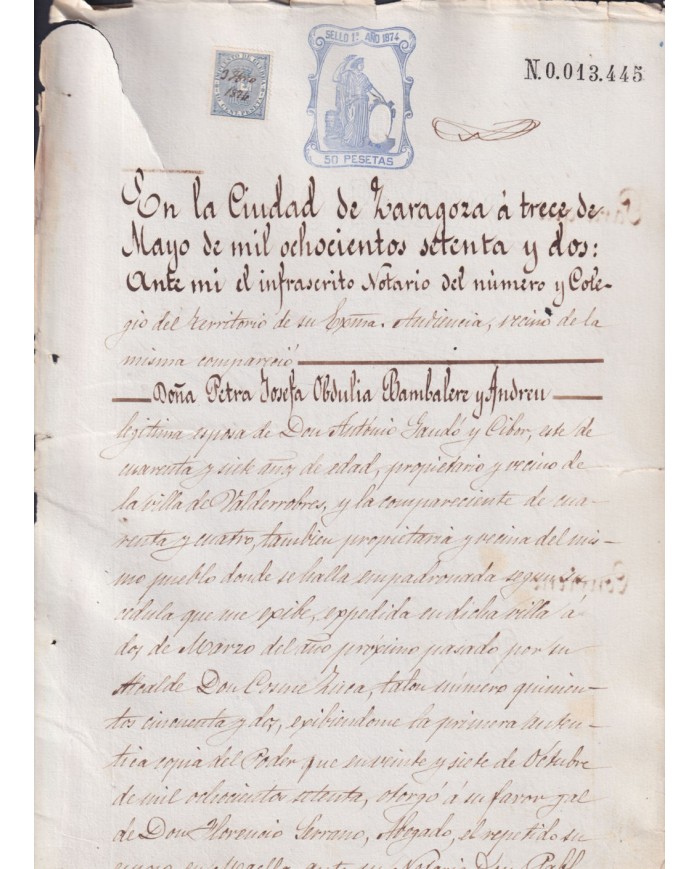 1874-PS-22 ESPAÑA SPAIN REVENUE SEALLED PAPER PAPEL SELLADO 1872 SELLO 1ro.