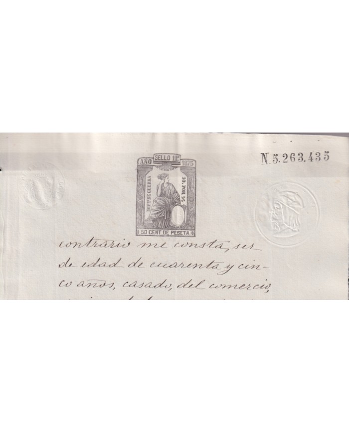 1875-PS-28 ESPAÑA SPAIN REVENUE SEALLED PAPER PAPEL SELLADO 1875 SELLO 11no.