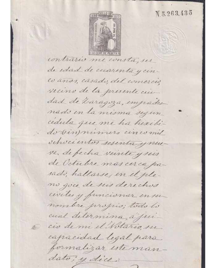 1875-PS-28 ESPAÑA SPAIN REVENUE SEALLED PAPER PAPEL SELLADO 1875 SELLO 11no.