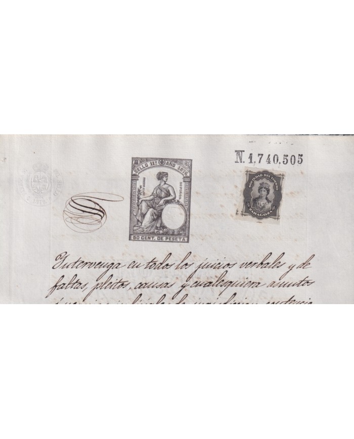 1876-PS-14 ESPAÑA SPAIN REVENUE SEALLED PAPER SOC TIMBRE ZARAGOZA 1876 SELLO 11no.