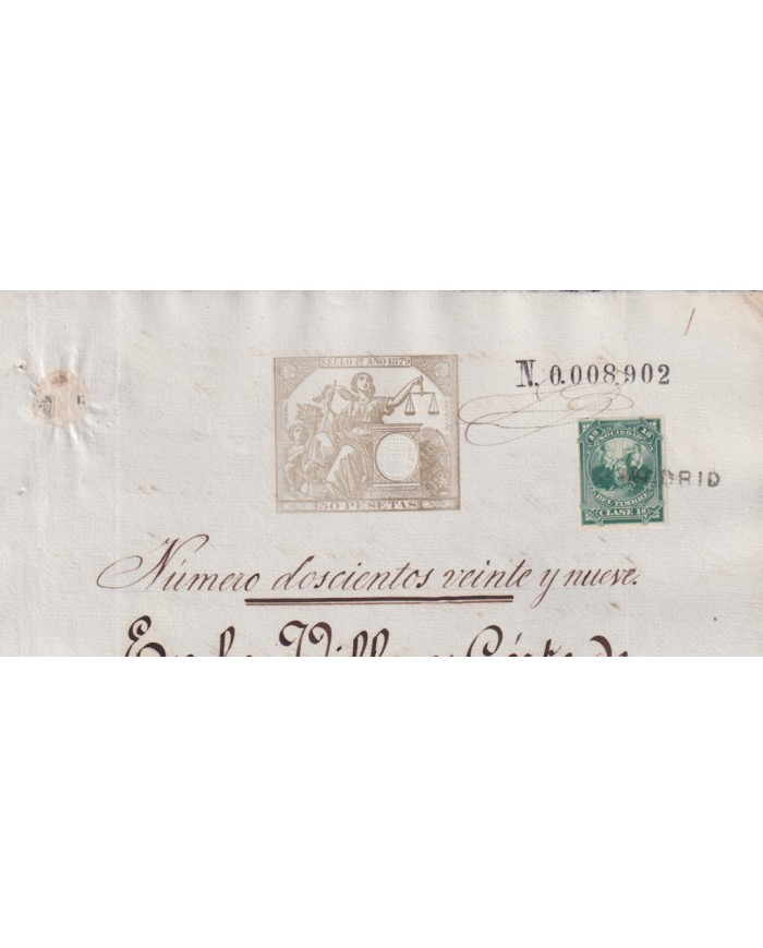1879-PS-9  ESPAÑA SPAIN REVENUE SEALLED PAPER PAPEL SELLADO 1879 SELLO 1ro.