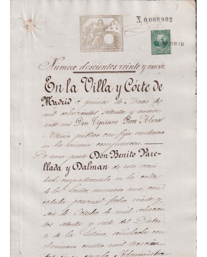 1879-PS-9  ESPAÑA SPAIN REVENUE SEALLED PAPER PAPEL SELLADO 1879 SELLO 1ro.
