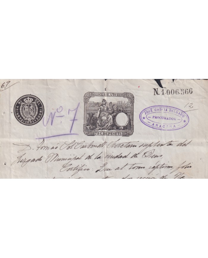 1891-PS-6 ESPAÑA SPAIN REVENUE SEALLED PAPER PAPEL SELLADO 1891 SELLO 12º.