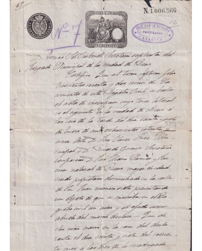 1891-PS-6 ESPAÑA SPAIN REVENUE SEALLED PAPER PAPEL SELLADO 1891 SELLO 12º.