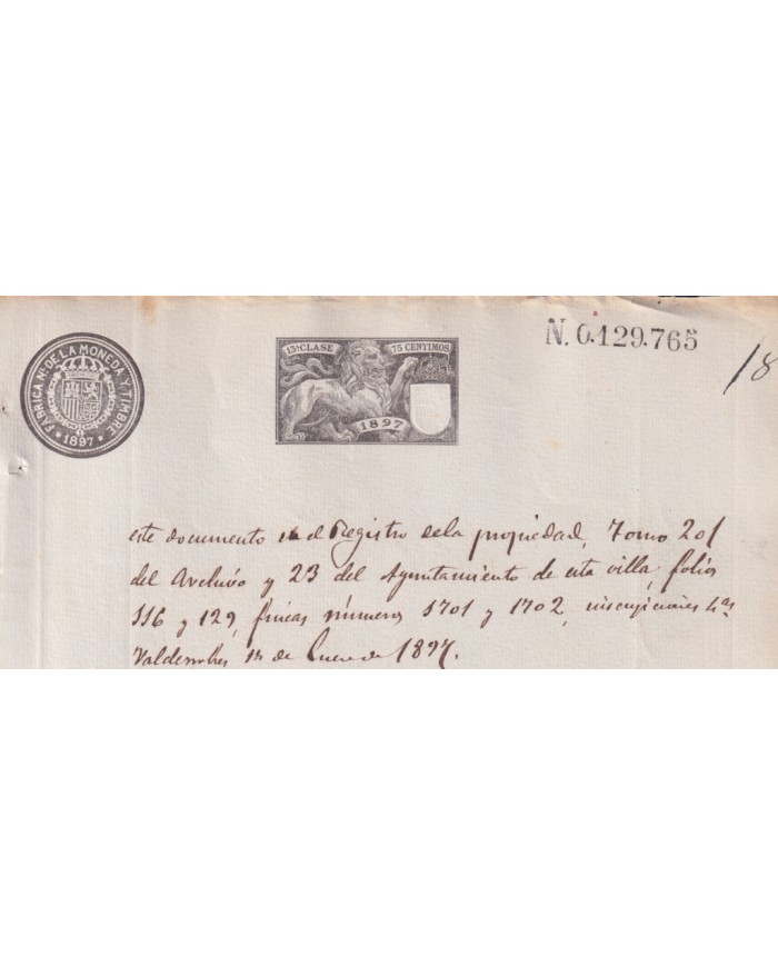1897-PS-13 ESPAÑA SPAIN REVENUE SEALLED PAPER PAPEL SELLADO 1897 SELLO 13º.