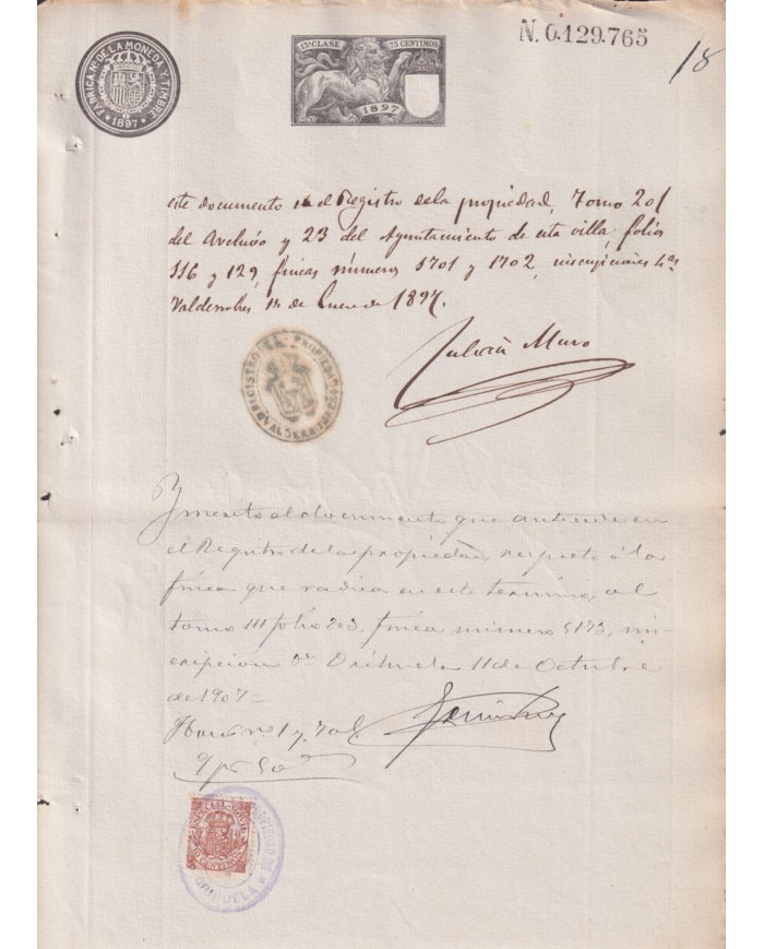 1897-PS-13 ESPAÑA SPAIN REVENUE SEALLED PAPER PAPEL SELLADO 1897 SELLO 13º.