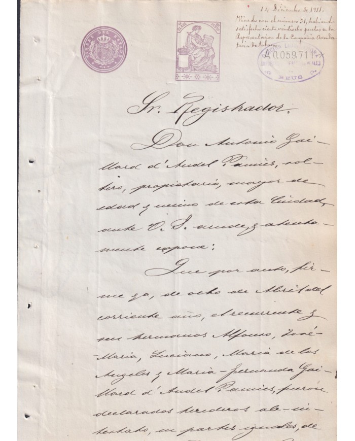 1910-PS-1 ESPAÑA SPAIN REVENUE SEALLED PAPER PAPEL SELLADO 1910 SELLO 1º.