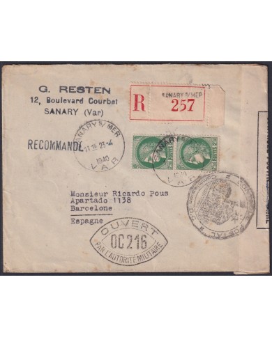 F-EX47685 FRANCE WWII 1940 CENSORSHIP COVER SANARY TO BARCELONA SPAIN.
