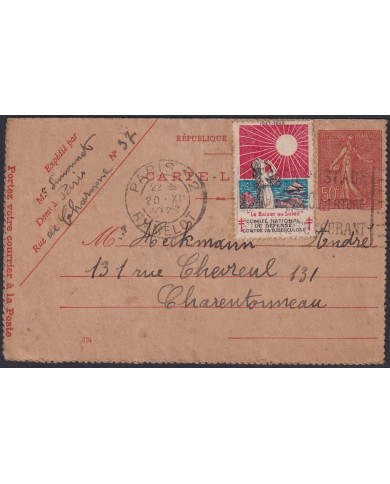 F-EX47689 FRANCE 1927 CINDERELLA KISS TO THE SUN USED POSTAL STATIONERY.