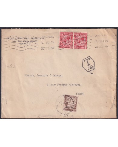 F-EX47694 ENGLAND UK 1916 POSTAGE DUE COVER TO FRANCE.