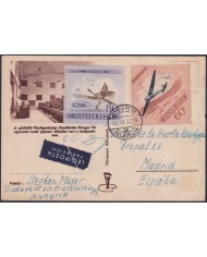 F-EX47700 HUNGARY 1955 ILLUSTRATED POSTAL AIRPLANE AVION TO SPAIN.