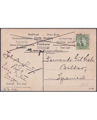 F-EX47712 SWEDEN SUEDE SVERIGE 1913 POSTCARD SUNDSVALL STORA TORGET TO SPAIN.