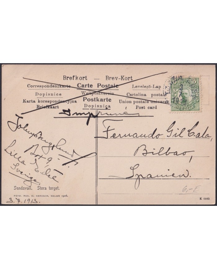 F-EX47712 SWEDEN SUEDE SVERIGE 1913 POSTCARD SUNDSVALL STORA TORGET TO SPAIN.