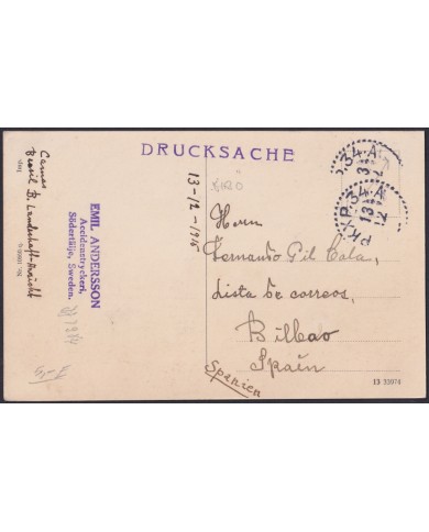 F-EX47713 SWEDEN SVERIGE 1912 POSTCARD TO SPAIN. LISTA CANCEL BILBAO SODERTALJE.