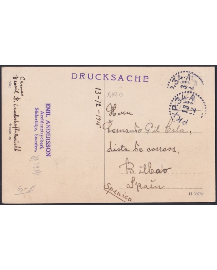 F-EX47713 SWEDEN SVERIGE 1912 POSTCARD TO SPAIN. LISTA CANCEL BILBAO SODERTALJE.