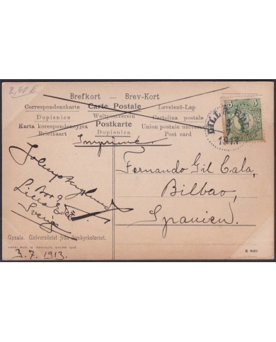 F-EX47714 SWEDEN SVERIGE SUEDE 1913 POSTCARD TO SPAIN. UPSALA UNIVERSITY.