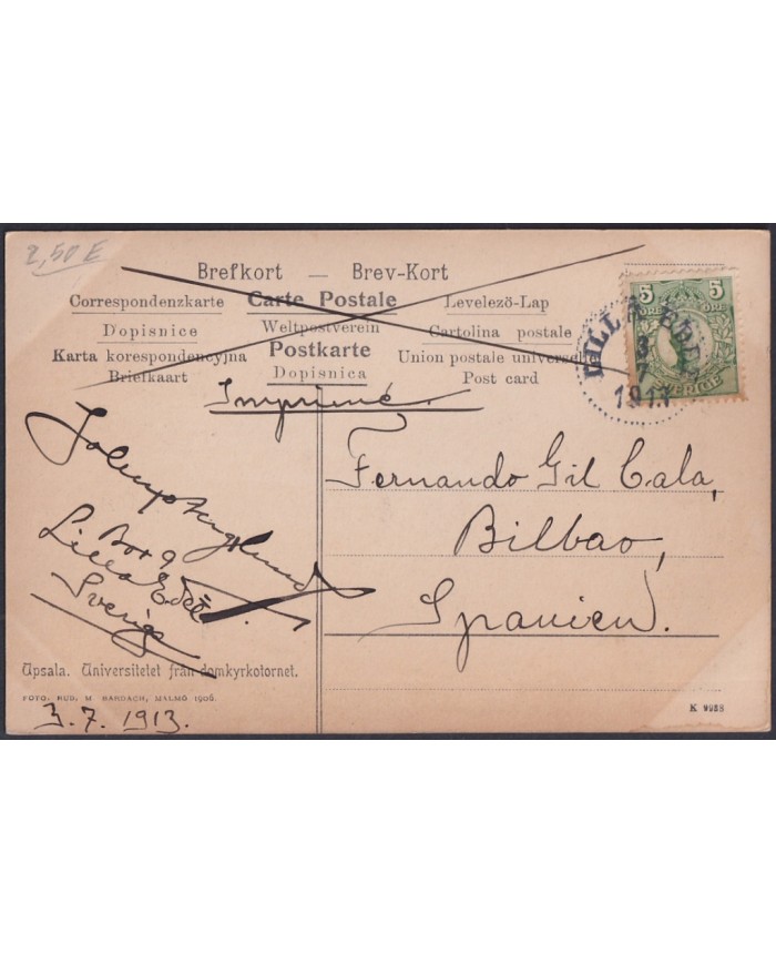 F-EX47714 SWEDEN SVERIGE SUEDE 1913 POSTCARD TO SPAIN. UPSALA UNIVERSITY.