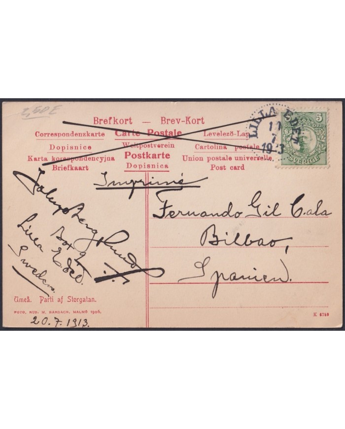 F-EX47715 SWEDEN SVERIGE SUEDE 1913 POSTCARD TO SPAIN. UMEA STREET.