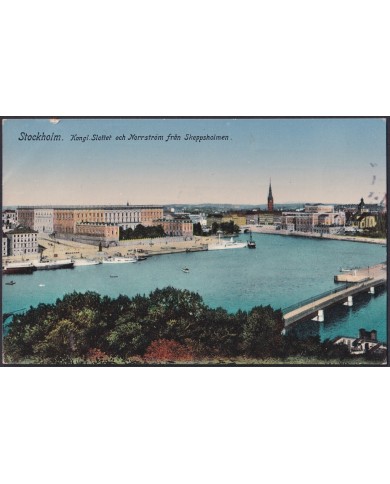 F-EX47720 SWEDEN SVERIGE SUEDE 1914 POSTCARD TO SPAIN. STOCKHOLM HARBOR.