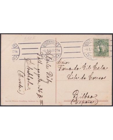 F-EX47720 SWEDEN SVERIGE SUEDE 1914 POSTCARD TO SPAIN. STOCKHOLM HARBOR.