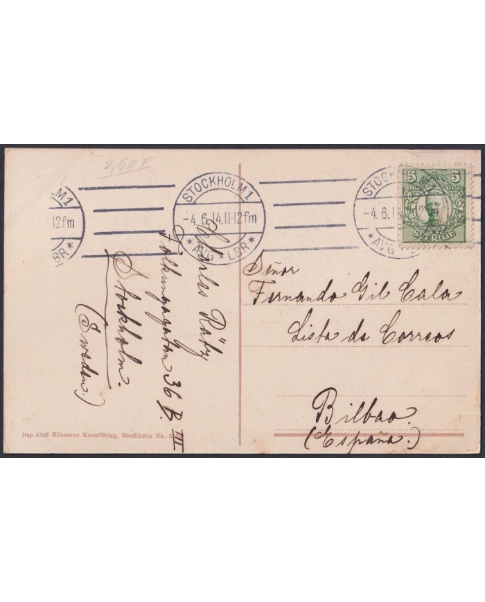 F-EX47720 SWEDEN SVERIGE SUEDE 1914 POSTCARD TO SPAIN. STOCKHOLM HARBOR.