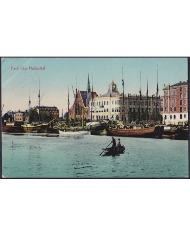 F-EX47721 SWEDEN SVERIGE SUEDE 1910 POSTCARD TO SPAIN. HALMSTAD HARBOR.