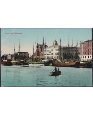 F-EX47721 SWEDEN SVERIGE SUEDE 1910 POSTCARD TO SPAIN. HALMSTAD HARBOR.