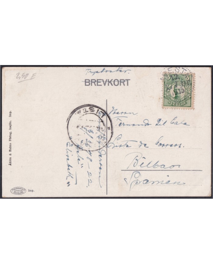 F-EX47722 SWEDEN SVERIGE SUEDE 1914 POSTCARD TO SPAIN ASKERSUND. LISTA DE BILBAO.