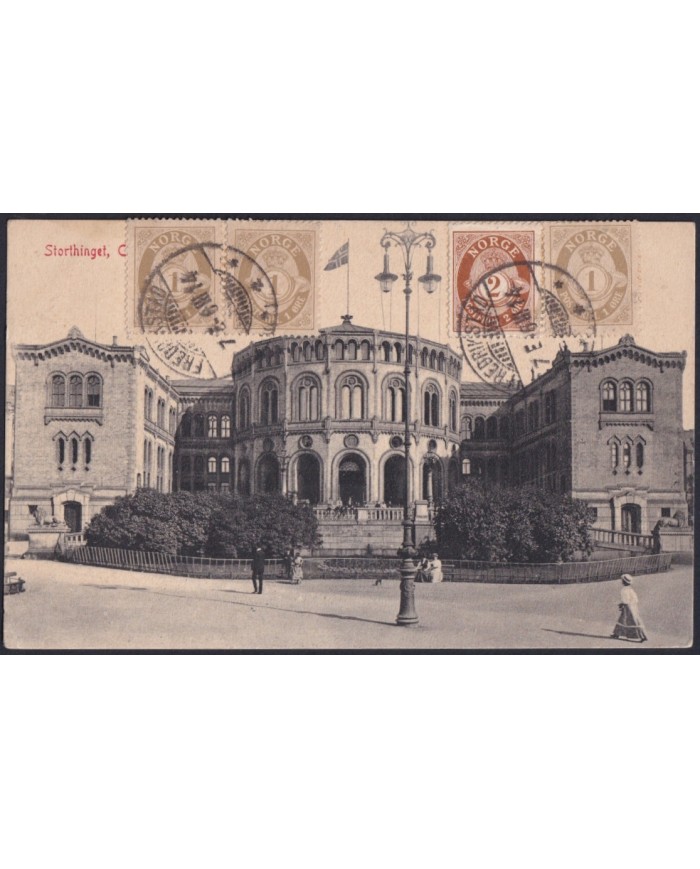 F-EX47725 NORWAY NORGE 1914 POSTCARD TO SPAIN. STORTHINGET.