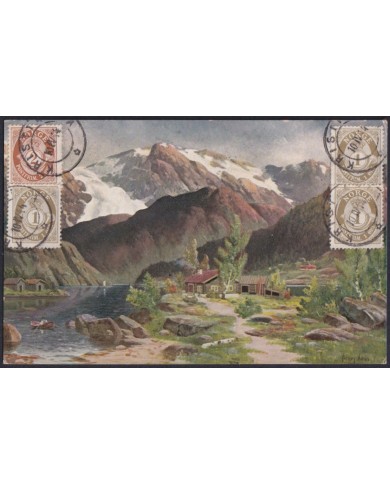 F-EX47726 NORWAY NORGE 1914 POSTCARD TO SPAIN. MOUNTAING LANDSCAPE.