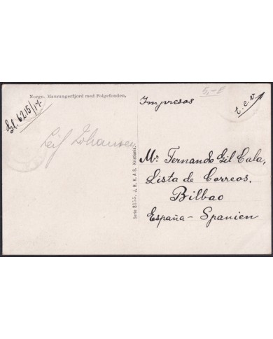 F-EX47726 NORWAY NORGE 1914 POSTCARD TO SPAIN. MOUNTAING LANDSCAPE.
