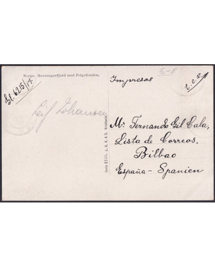 F-EX47726 NORWAY NORGE 1914 POSTCARD TO SPAIN. MOUNTAING LANDSCAPE.