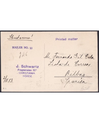 F-EX47728 NORWAY NORGE 1913 POSTCARD TO SPAIN. CHRISTIANIA.
