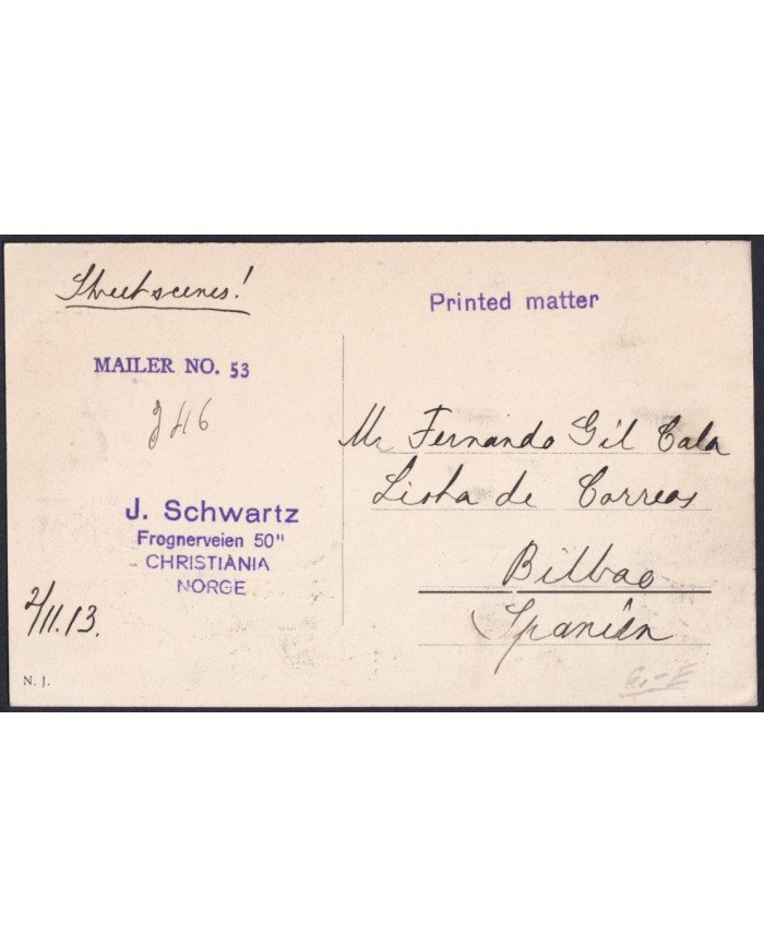 F-EX47728 NORWAY NORGE 1913 POSTCARD TO SPAIN. CHRISTIANIA.