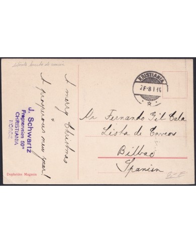 F-EX47732 NORWAY NORGE 1914 POSTCARD TO SPAIN. ST HANSHAUGEN MONUMENT.